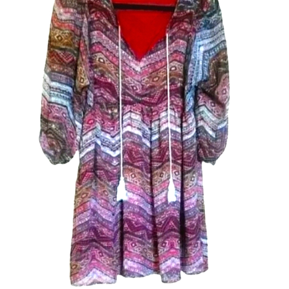Umgee red patterned boho tunic w tassel nwot